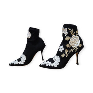 Dolce & Gabbana Floral Embroidered Black White Gold Ankle Booties EU 38 / US 8